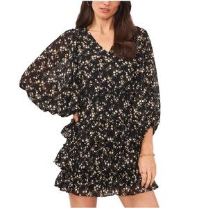VINCE CAMUTO Womens Black Floral 3/4 Sleeve V Neck Mini Fit + Flare Dress XL